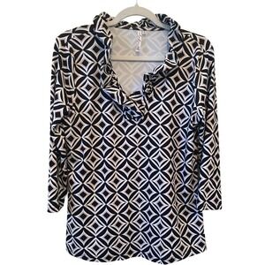 Lulu B Size S UPF 50+ Ruffle Neck 3/4 Sleeve Stretchy‎ Top Black Tan White Geo